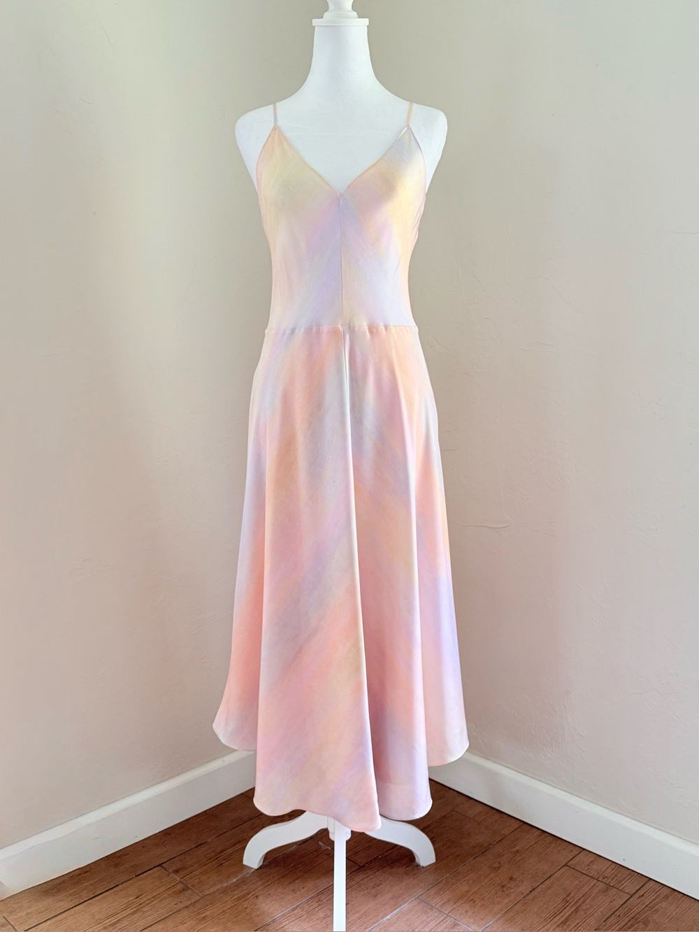 Vince Rainbow Wash Tie Dye Satin Midi V-Neck Slip Dress Pink Lavender Peach S